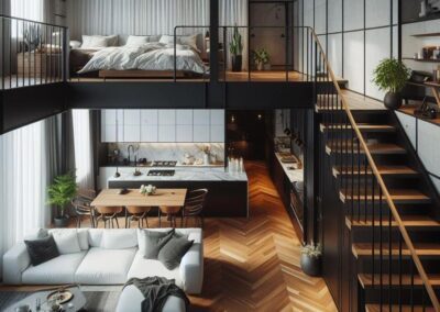 Idées de loft design pour petites maisons : lit, carrelage, salon et étage aménagés